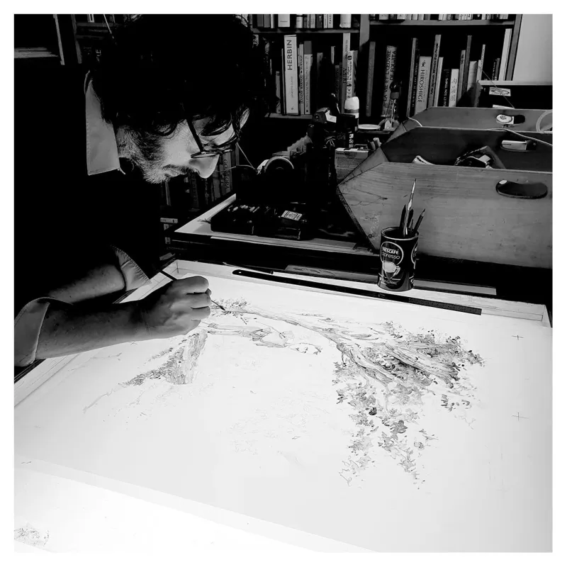 Luigi Critone préparant la deuxième couleur (lavis encre de chine).