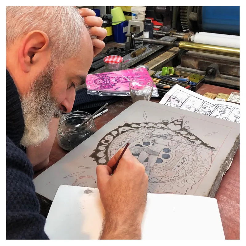 Lithographie "Mécanique céleste" de Merwan Chabane