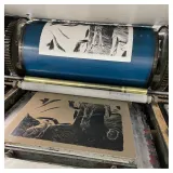 Lithographie de Cyril Pedrosa, 2023, impression de la pierre sur notre presse lithographique