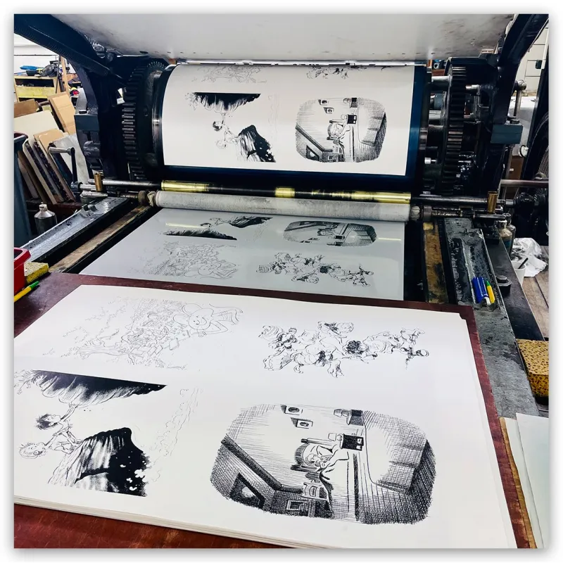 Impression sur notre presse Marinoni-Voirin de 1908.