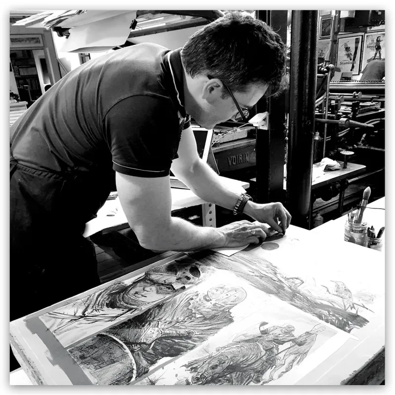 Lithographie "Chevalier sans le sou", Ronan Toulhoat, 2023. Format 63 x 90 cm.