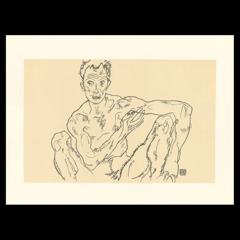 Egon Schiele, Crouching male nude (self portrait), 1918, Lithographie Schiele